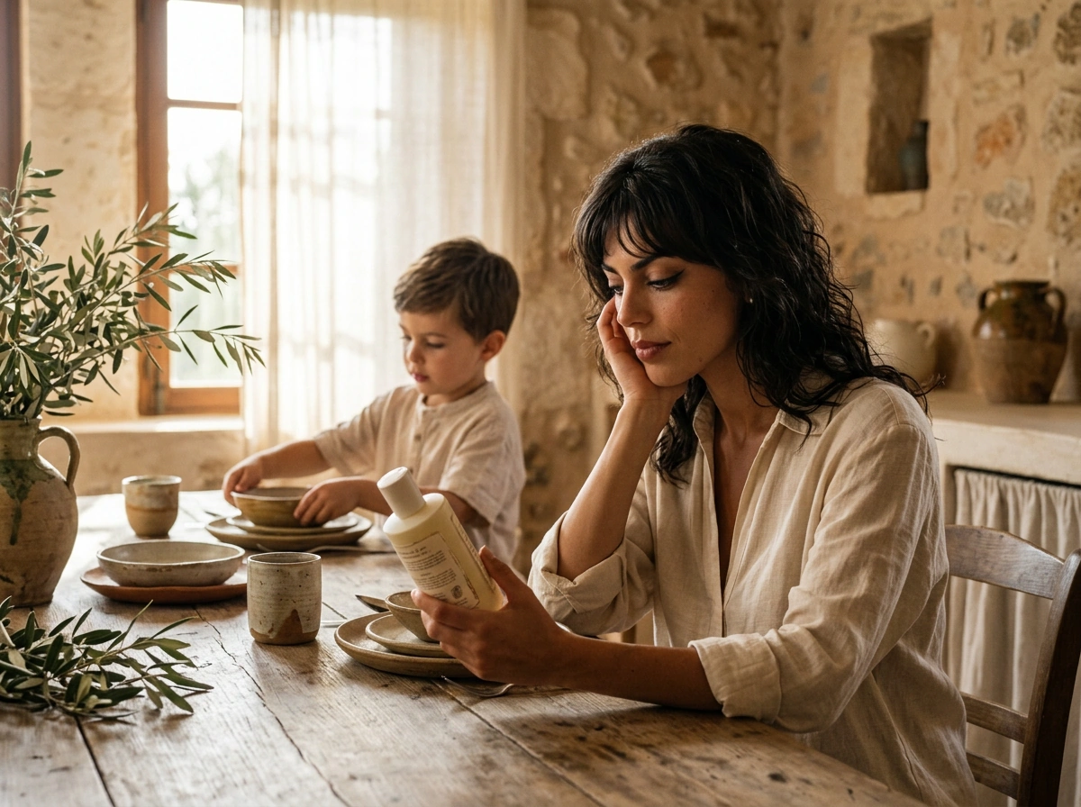 Madre leyendo una etiqueta mientras su hijo pone la mesa en una cocina mediterránea